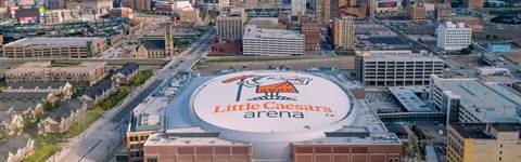 Aerial view of Little Caesars arena in Detroit, Michigan.