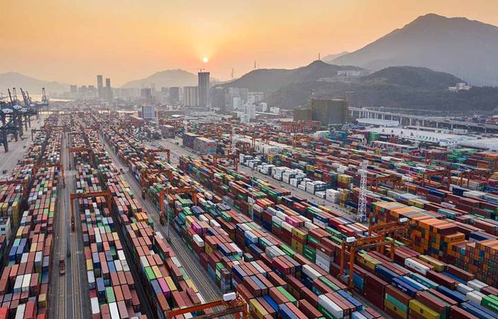 Aerial shot of shipping yard.