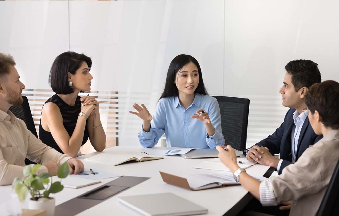 Group of business professionals in a meeting.